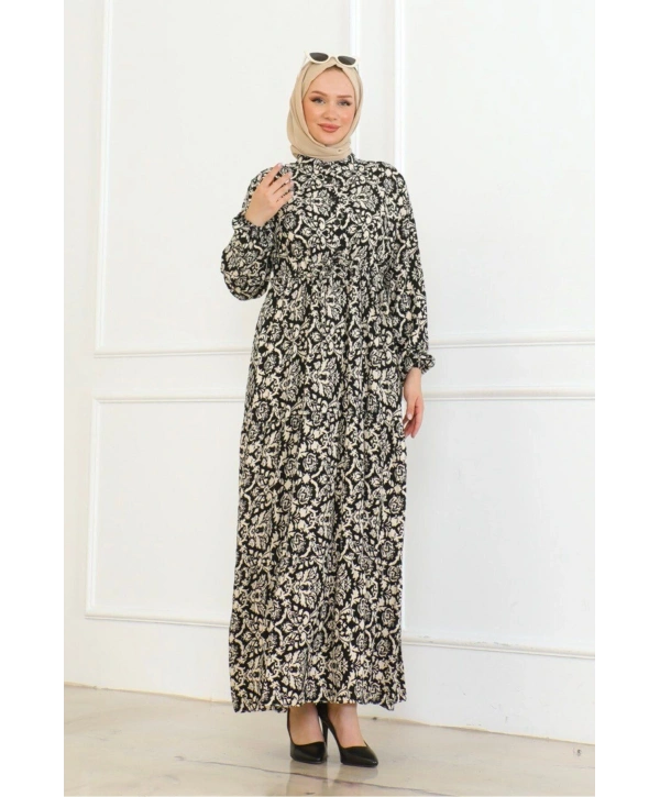 Viskon Elbise Bağlamalı - Siyah/krem