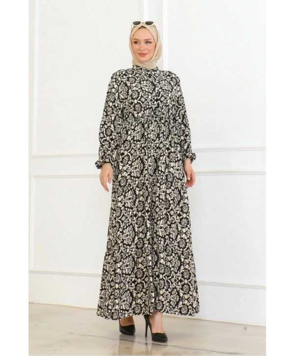 Viskon Elbise Bağlamalı - Siyah/krem