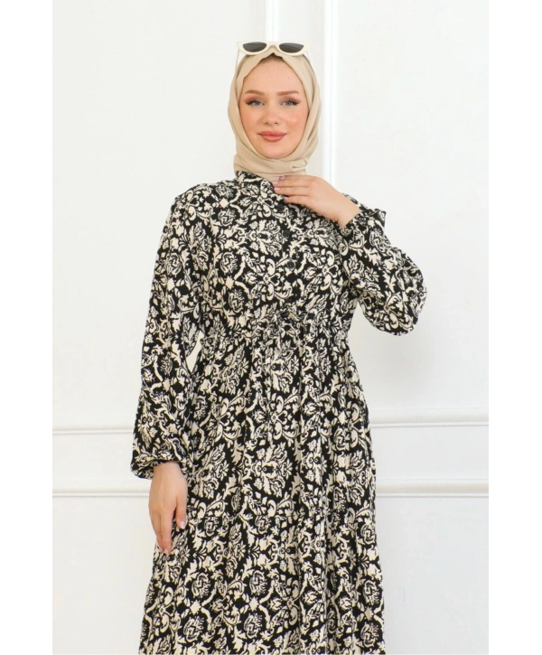 Viskon Elbise Bağlamalı - Siyah/krem