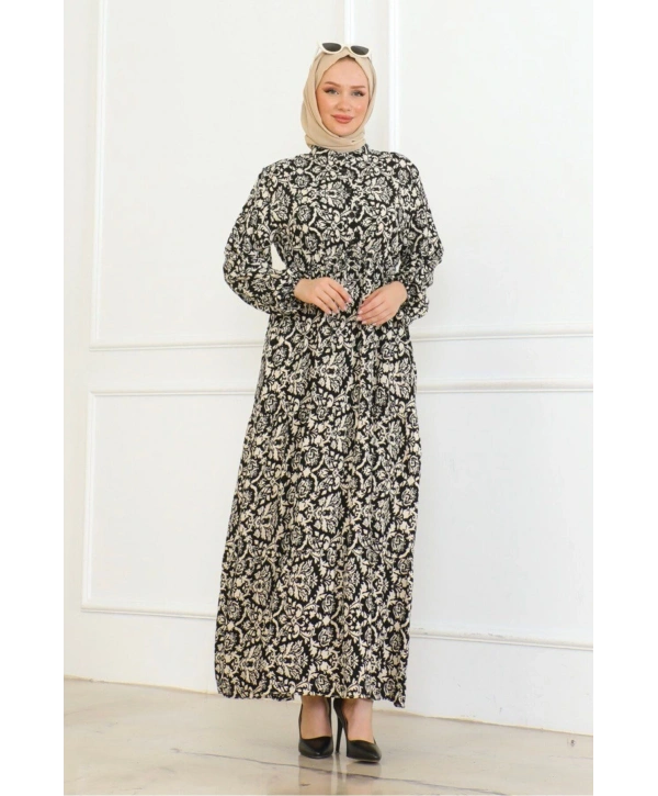 Viskon Elbise Bağlamalı - Siyah/krem