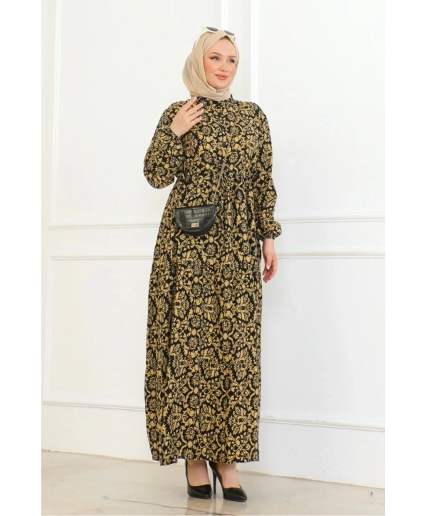 Viskon Elbise Bağlamalı - Hardal