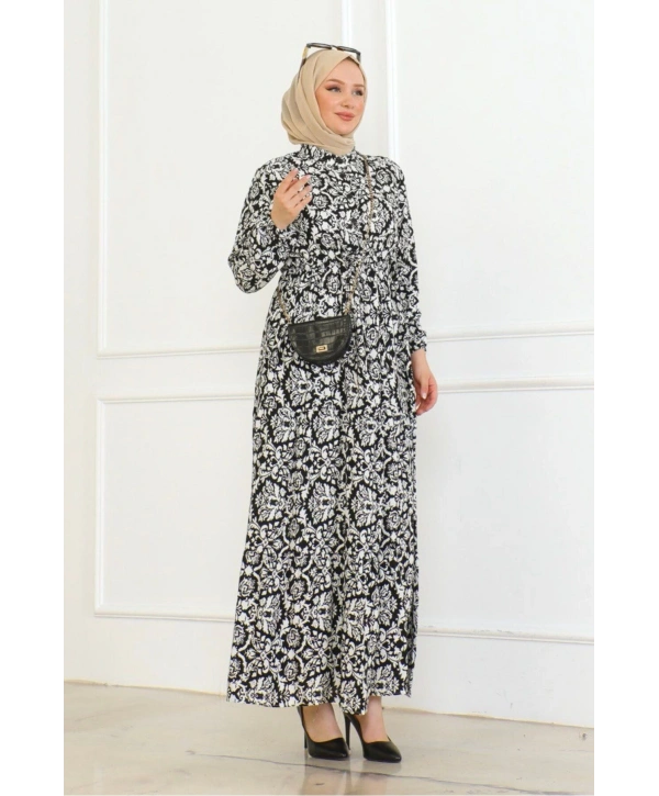 Viskon Elbise Bağlamalı - Siyah/Beyaz