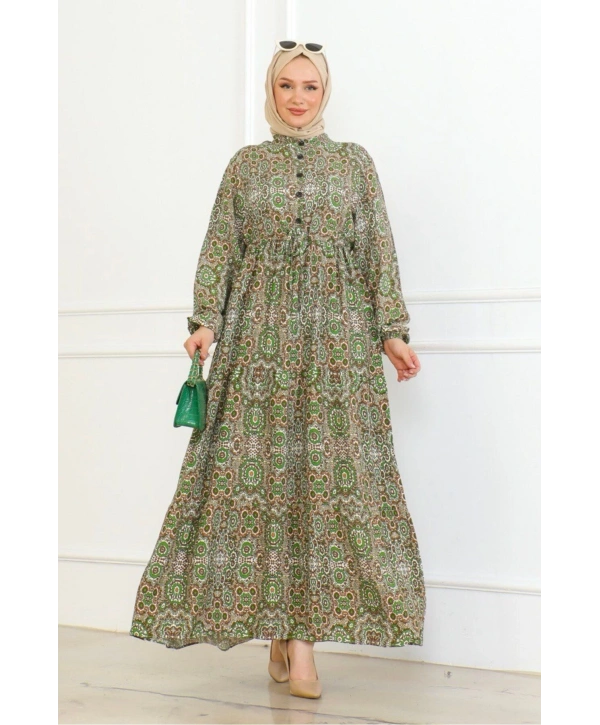 Otantik Desen Viskon Elbise - Yeşil