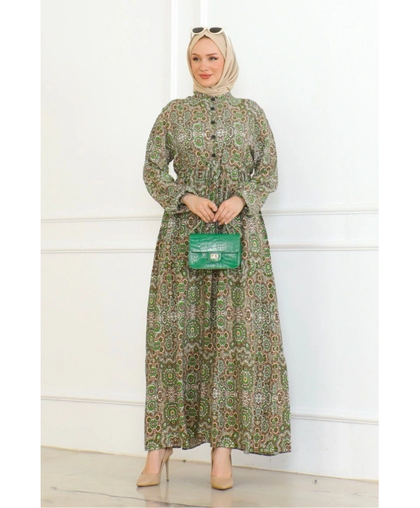 Otantik Desen Viskon Elbise - Yeşil