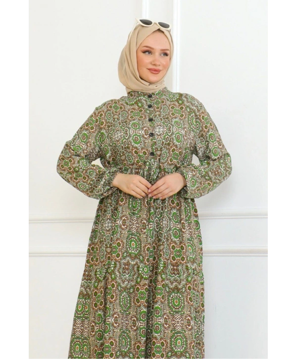 Otantik Desen Viskon Elbise - Yeşil
