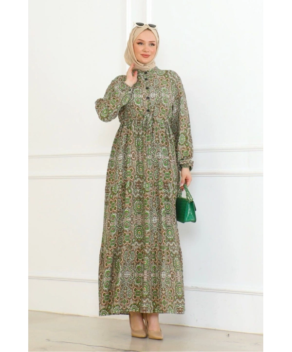 Otantik Desen Viskon Elbise - Yeşil