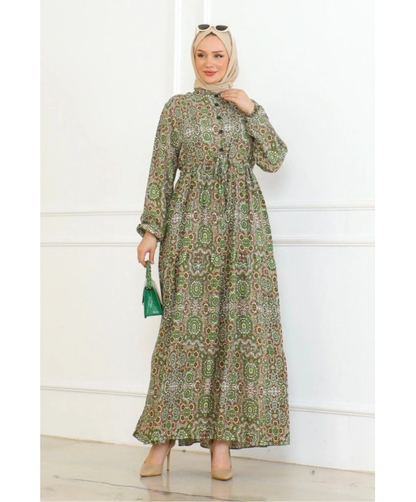 Otantik Desen Viskon Elbise - Yeşil