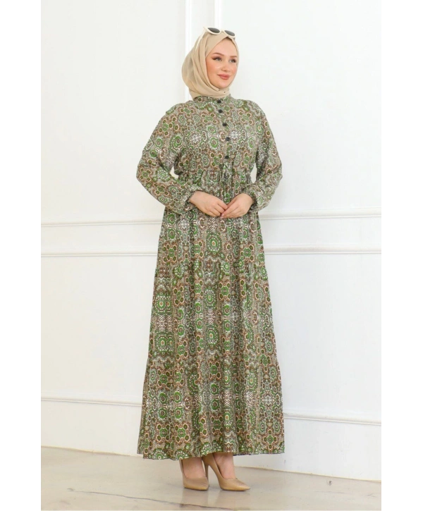 Otantik Desen Viskon Elbise - Yeşil