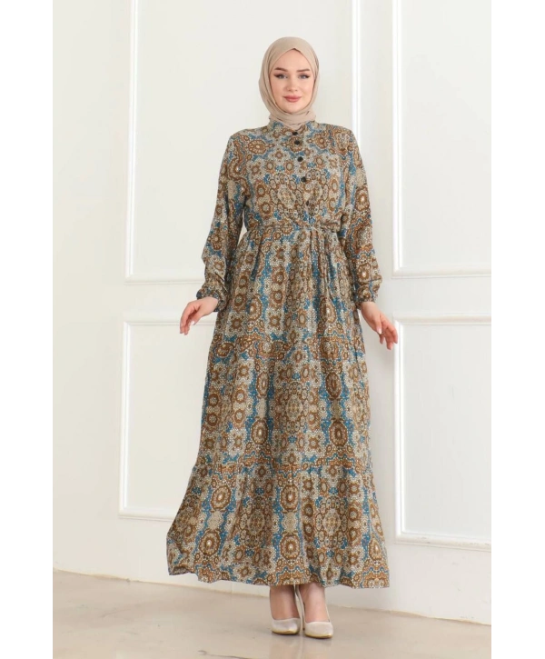 Otantik Desen Viskon Elbise - Taba
