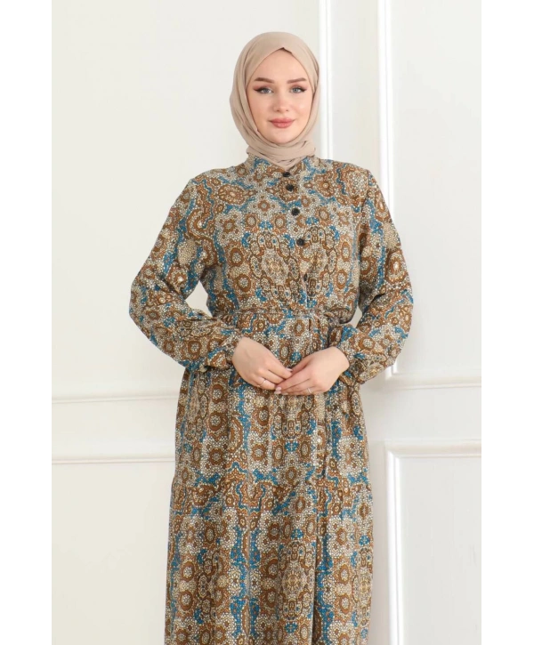 Otantik Desen Viskon Elbise - Taba