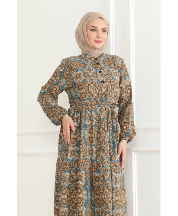 Otantik Desen Viskon Elbise - Taba