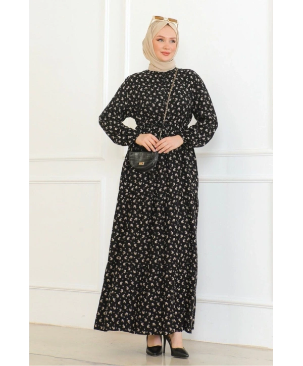 Gül Desenli Viskon Elbise - Kahve