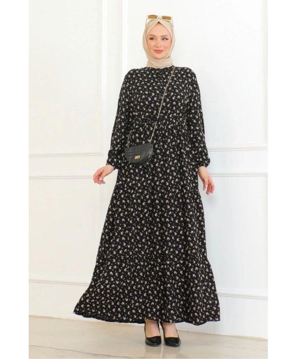 Gül Desenli Viskon Elbise - Kahve