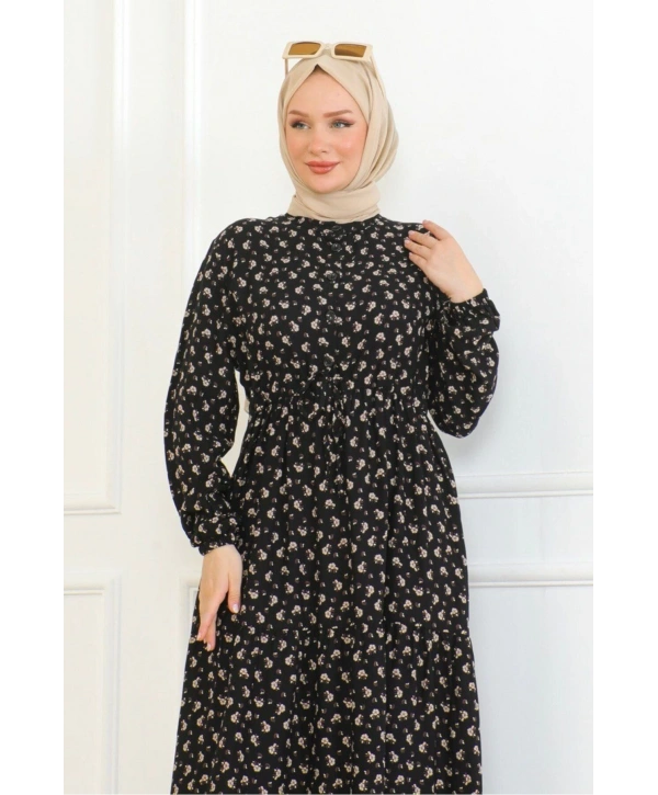 Gül Desenli Viskon Elbise - Kahve