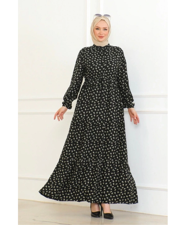 Gül Desenli Viskon Elbise - Haki