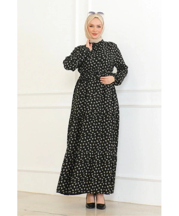 Gül Desenli Viskon Elbise - Haki