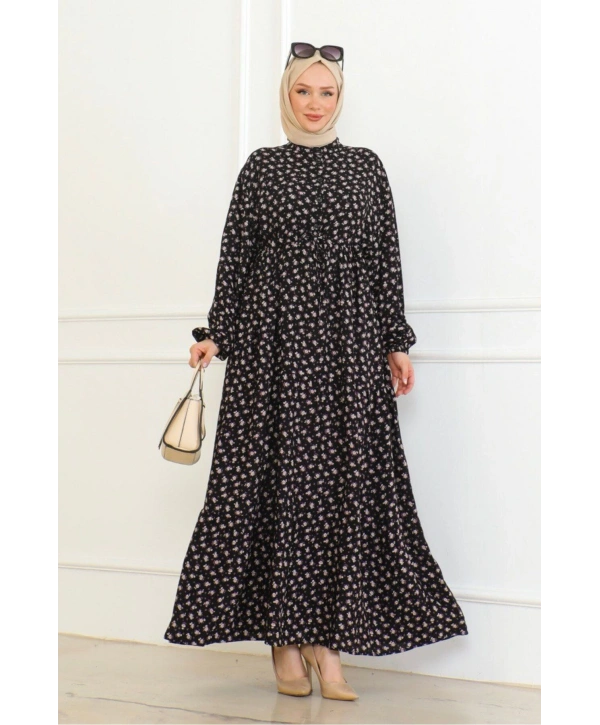 Gül Desenli Viskon Elbise - Mor