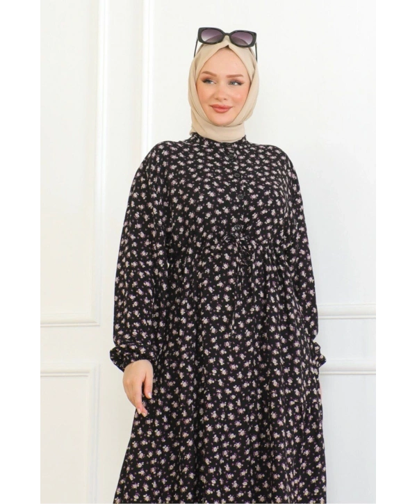 Gül Desenli Viskon Elbise - Mor