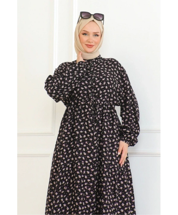 Gül Desenli Viskon Elbise - Mor