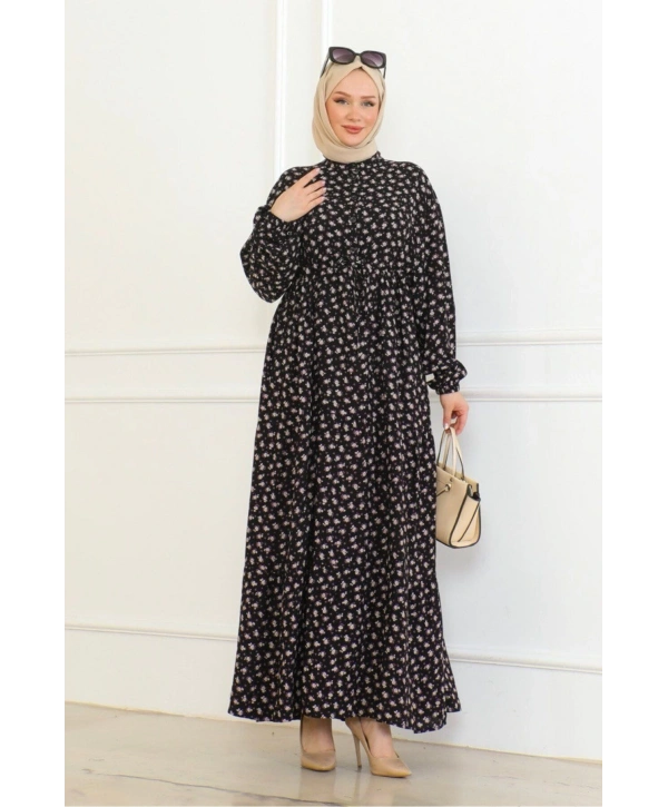 Gül Desenli Viskon Elbise - Mor