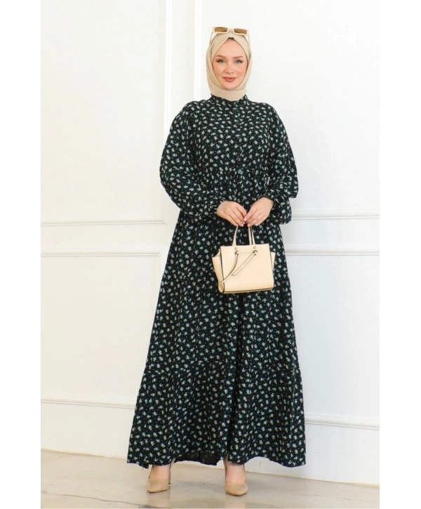 Gül Desenli Viskon Elbise - Turkuaz