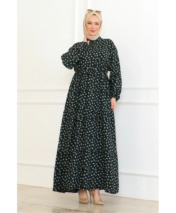 Gül Desenli Viskon Elbise - Turkuaz