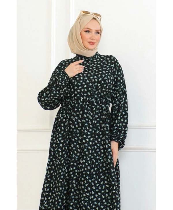 Gül Desenli Viskon Elbise - Turkuaz