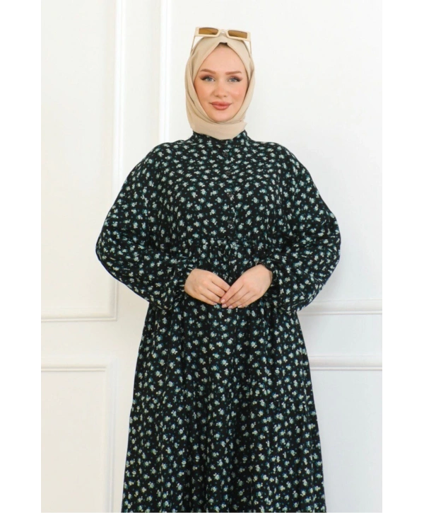 Gül Desenli Viskon Elbise - Turkuaz