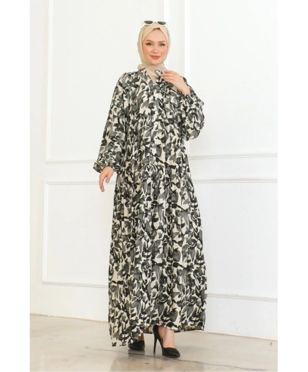 Düğmeli Yaka Viskon Elbise - Siyah