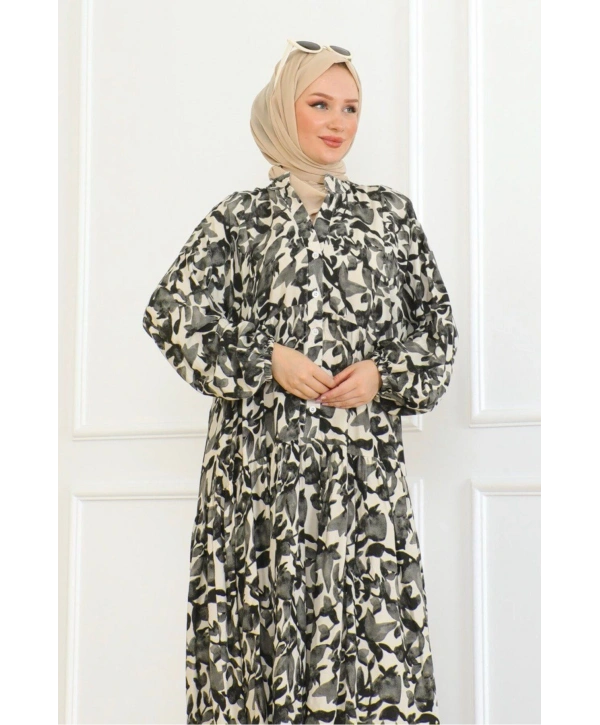 Düğmeli Yaka Viskon Elbise - Siyah