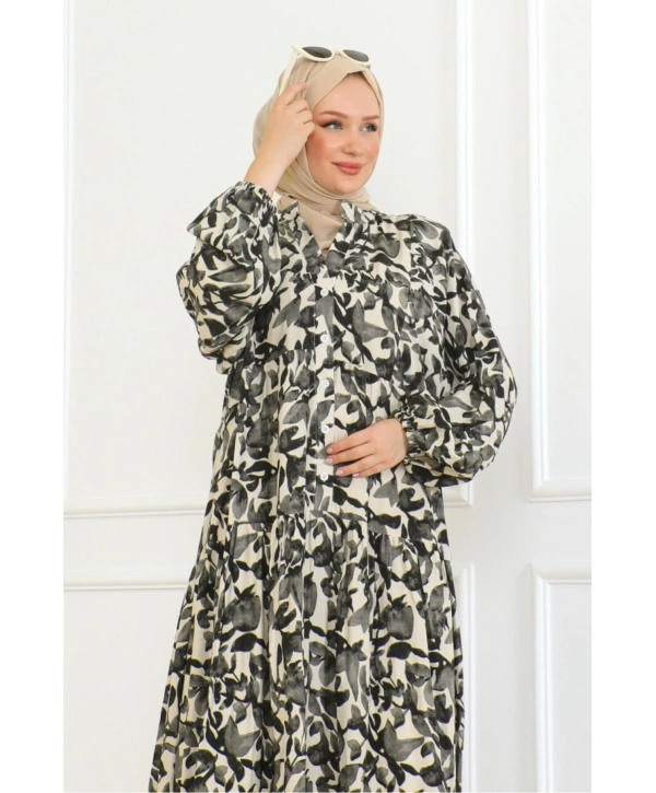 Düğmeli Yaka Viskon Elbise - Siyah