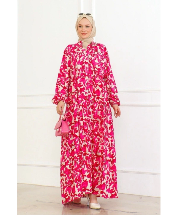 Düğmeli Yaka Viskon Elbise - Pembe