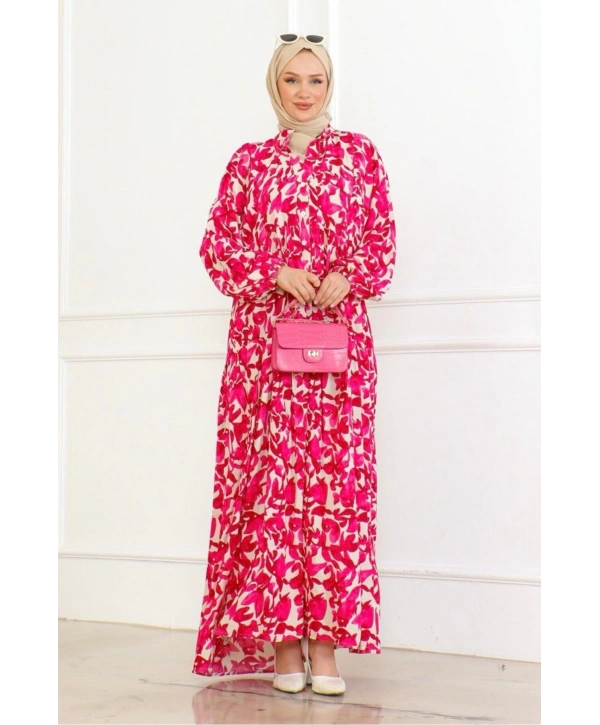 Düğmeli Yaka Viskon Elbise - Pembe