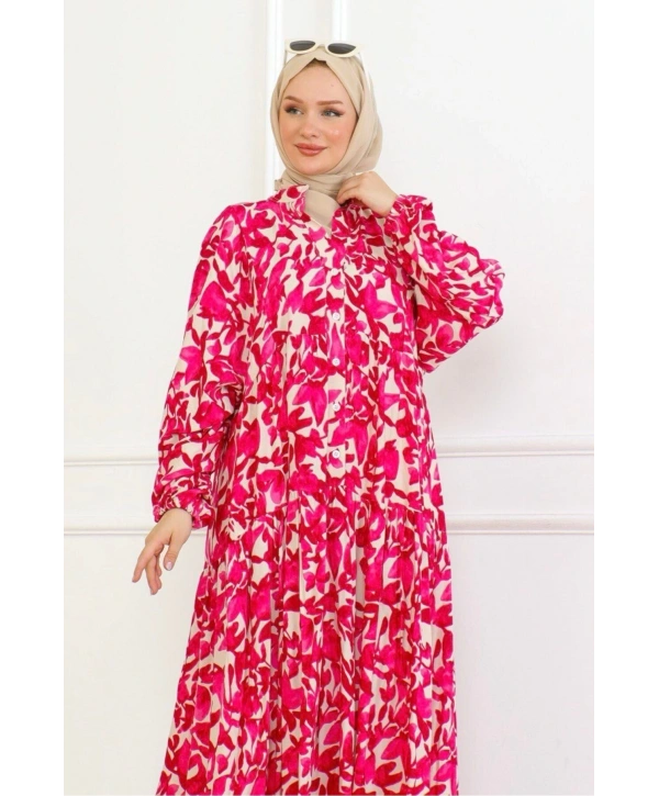 Düğmeli Yaka Viskon Elbise - Pembe