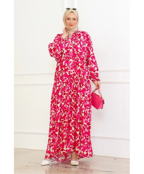 Düğmeli Yaka Viskon Elbise - Pembe