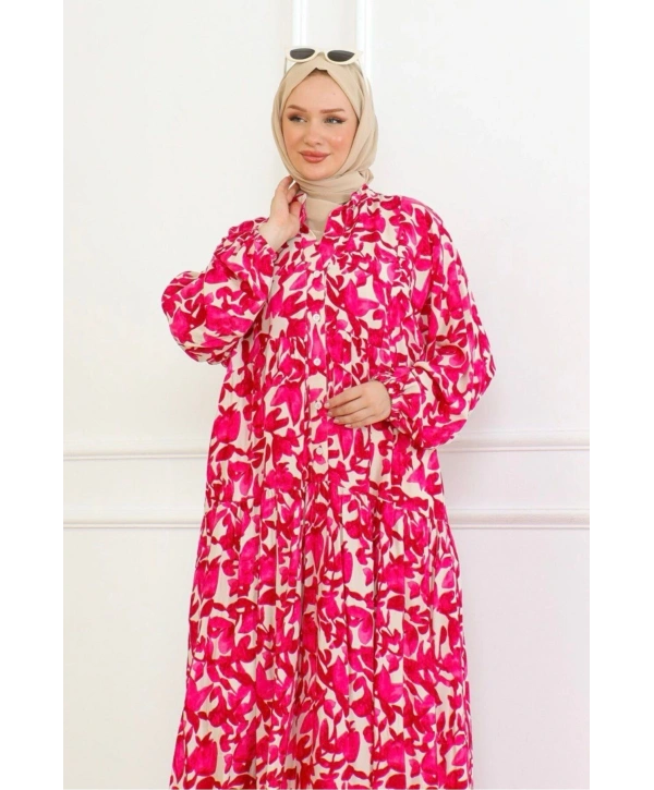 Düğmeli Yaka Viskon Elbise - Pembe