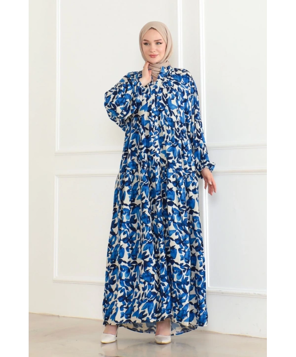 Düğmeli Yaka Viskon Elbise - Mavi