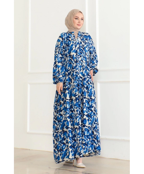 Düğmeli Yaka Viskon Elbise - Mavi