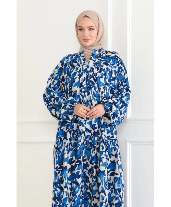 Düğmeli Yaka Viskon Elbise - Mavi