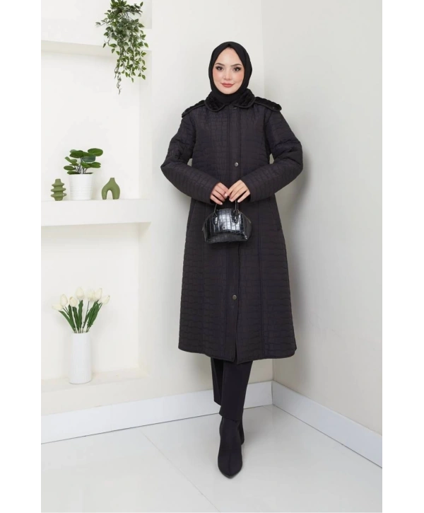 İçi Kürklü Kapüşonlu Kaban/Mont - Siyah