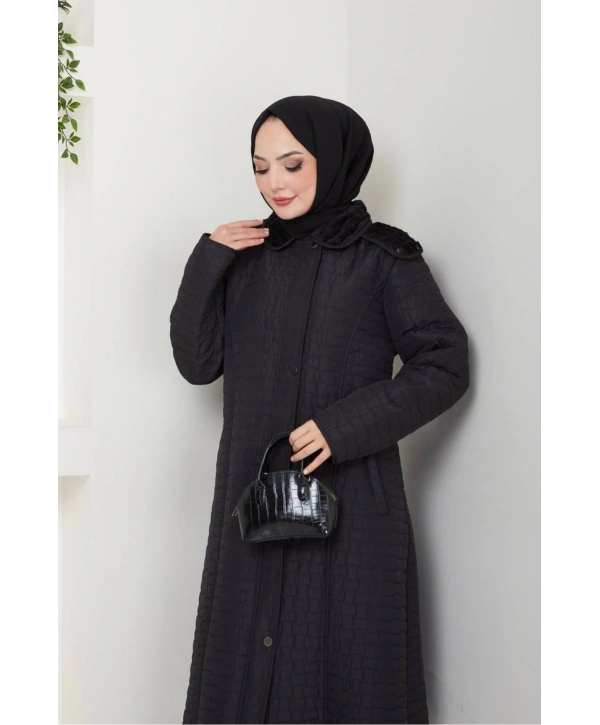 İçi Kürklü Kapüşonlu Kaban/Mont - Siyah