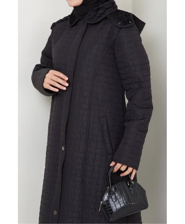 İçi Kürklü Kapüşonlu Kaban/Mont - Siyah