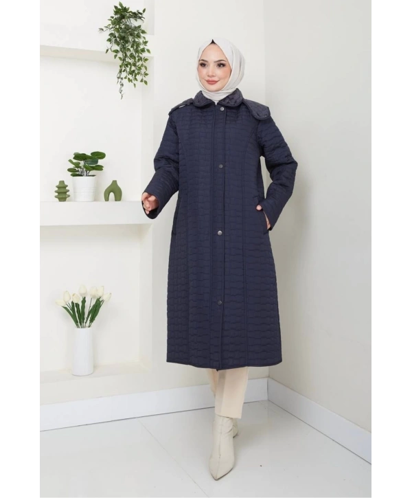 İçi Kürklü Kapüşonlu Kaban/Mont - Lacivert