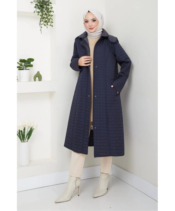 İçi Kürklü Kapüşonlu Kaban/Mont - Lacivert