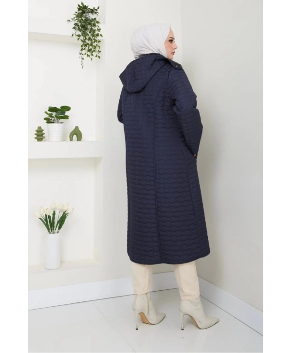 İçi Kürklü Kapüşonlu Kaban/Mont - Lacivert