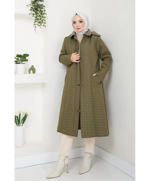 İçi Kürklü Kapüşonlu Kaban/Mont - Haki