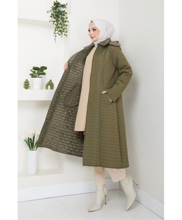 İçi Kürklü Kapüşonlu Kaban/Mont - Haki