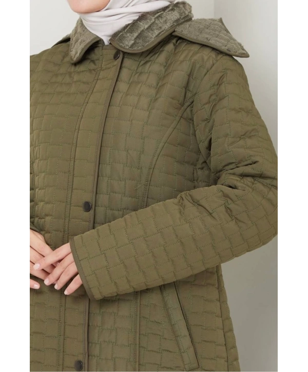 İçi Kürklü Kapüşonlu Kaban/Mont - Haki