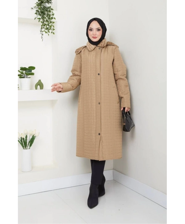 İçi Kürklü Kapüşonlu Kaban/Mont - Bej