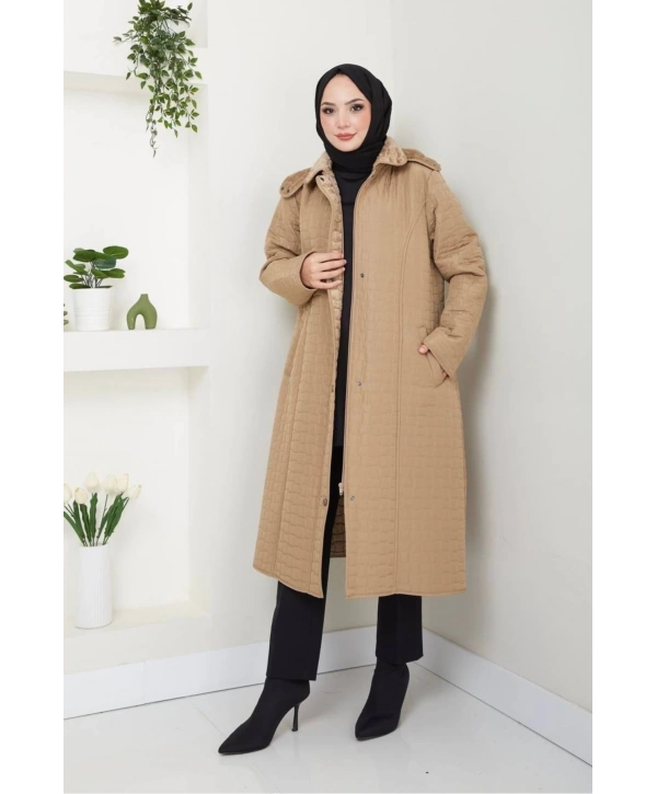 İçi Kürklü Kapüşonlu Kaban/Mont - Bej
